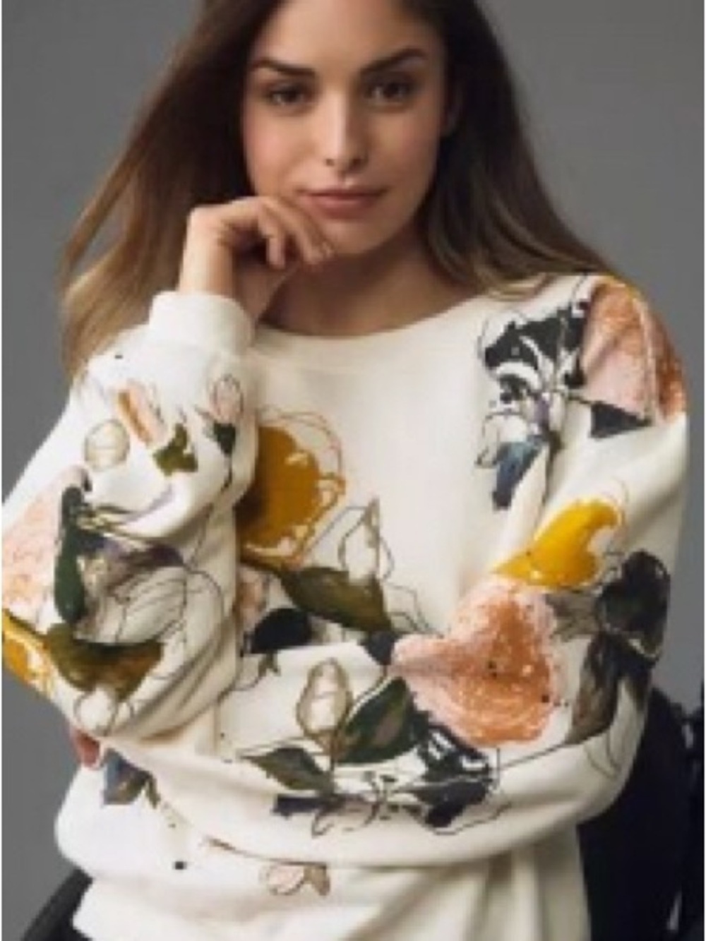 Anthropologie White Floral Crewneck Sweatshirt with Yellow & Green Accents - M